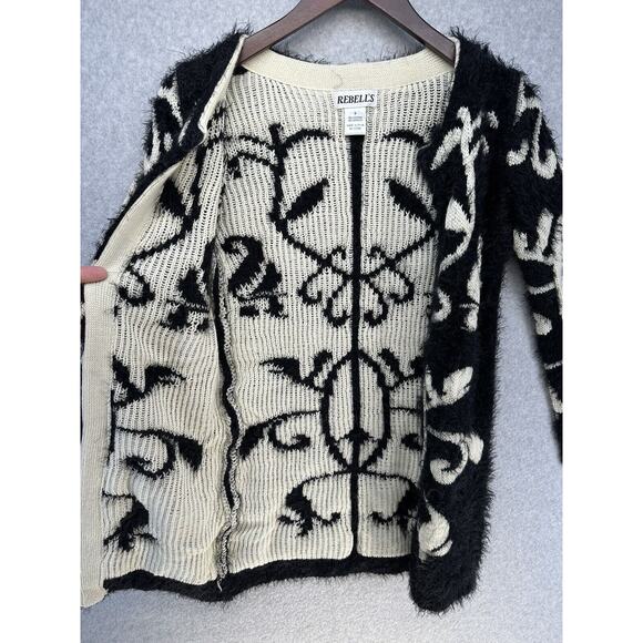 Rebells Womens Open Cardigan Fuzzy Black Cream Floral Print Long Sleeve Size S - Picture 2 of 11